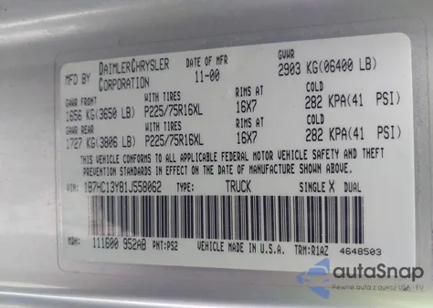 2001 Dodge Ram 1500 St из США, поврежденный, VIN 1B7HC13Y81J558062